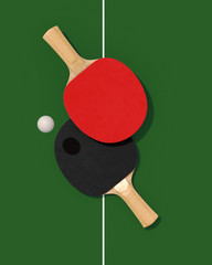 Wall Mural - Two table tennis or ping pong rackets and ball on a table with net 3d illustration