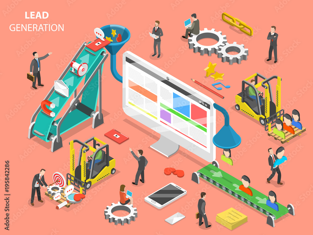 Lead generation flat isometric vector concept. People are loading ...