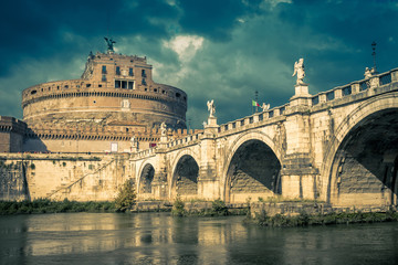 Wall Mural - Castel and bridge Sant'Angelo under dramatic sky, Rome, Italy