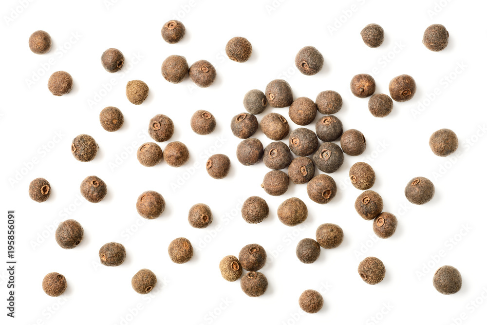 dried pimento berries isolated on white background, top view - obrazy, fototapety, plakaty 