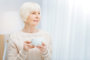 Feeling peaceful. Adorable kind calm pensioner standing quietly and holding a cup of tasty tea while looking into the window and smiling