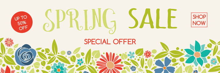 Wall Mural - Spring Sale - concept of a banner with hand drawn flowers. Vector.