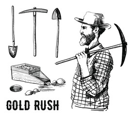 California gold rush vector hand drawn set with miner and tools isolated on white background