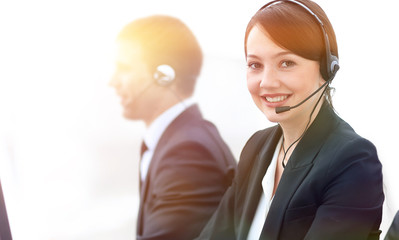 Sticker - Female Customer Services Agent With Headset Working In A Call Ce