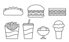 Fast Food Line Icons. Vector. Set Unhealthy Meal In Flat Design. Linear Restaurant Snacks Isolated. Junk Cooking Elements. Black White Outline Sketch. Coloring Page.
