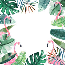 Watercolor Frame With Tropical Jungle Leaves And Pink Flamingo.Vector Aloha Illustration