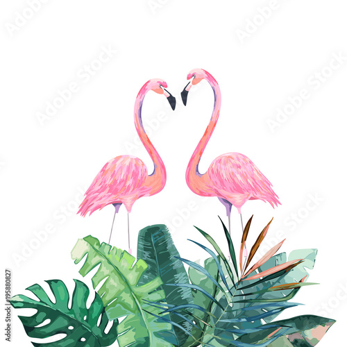 Couple pink flamingos. Tropical print for invitation, birthday, celebration, ...