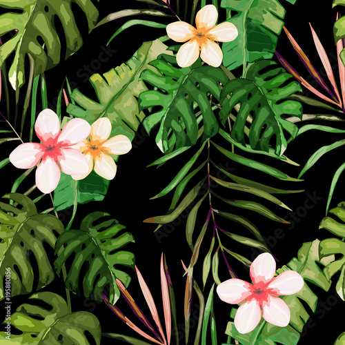 Tropical seamless pattern. Palm tree leaves and flower. Hand drawn vector ill...