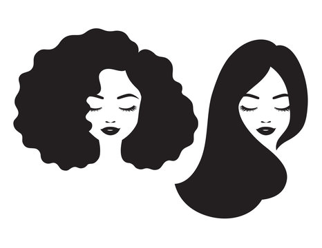 Fototapete - Beautiful woman and black African American woman face with afro and long straight hair vector illustration.

