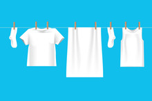 Bright White Clothes Hanging Out On Washing Line On Wire To Dry , Isolated On Blue Background In 3d Illustration.