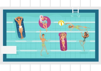 Vector cartoon people swimming in rectangle pool with blue tile walls water. Vacation summer travelling and holiday concept. Male female character having fun. Isolated illustration white background