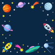 Cute colorful background template with space mars stars planets ufo rockets spaceships satellite and comet on dark background. Vector illustration, frame for kids