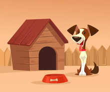 Happy Smiling Dog Character Guards House. Vector Cartoon Illustration