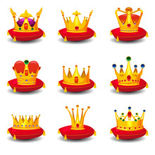Set Golden Royal Crowns, On Red Ceremonial Pillow With Tassels Cartoon Vector Illustrations Set Isolated On White Background.