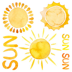 Wall Mural - Yellow ink shiny sun set watercolor illustration with lettering