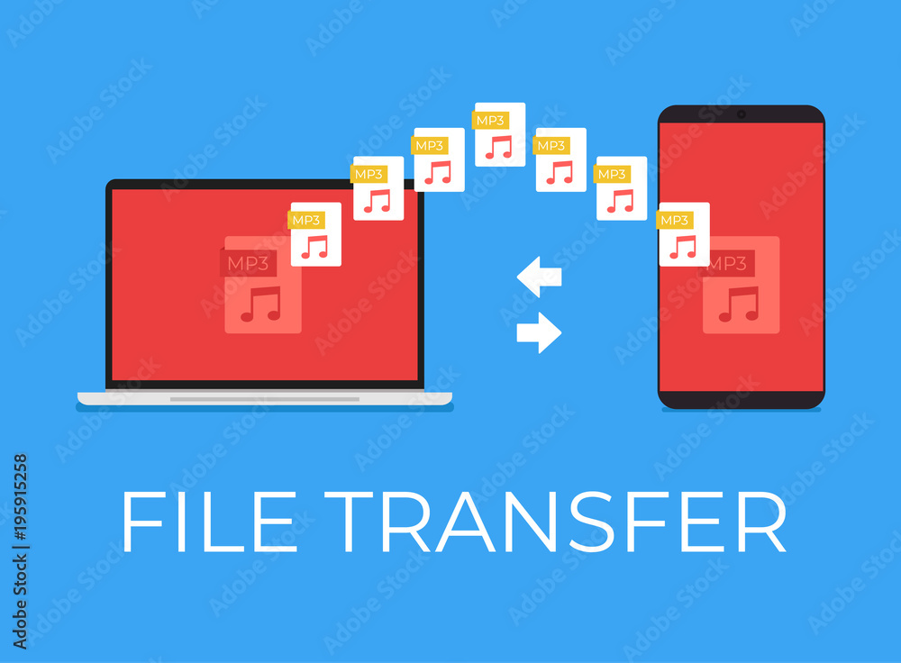 File mp3 transfer between smartphone and laptop. Vector flat cartoon ...