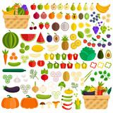 Fototapeta Pokój dzieciecy - Vegetables and fruits flat icon isolated simple set. Ingredients in basket. Vector flat cartoon illustration