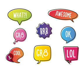 Wall Mural - vivid color speech bubbles set with short messages. talking and communication vector illustrations.