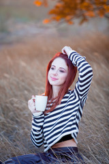 Sticker - Redhead girl with cup of coffee