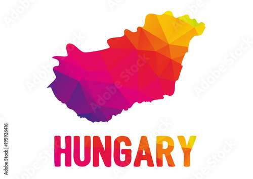 Fotografía Low polygonal map of Magyarország (Hungary) with sign Hungary, both in warm colo