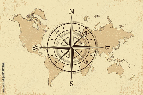 Vintage World Map With Retro Compass Background Old Paper Map And