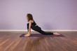 © Eva - Beautiful Young woman practicing yoga indoors. Wearing black sportswear. Using purple mat. Wood floor and violet background. Sports and lifestyle