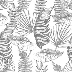  Seamless pattern with graphic tropical leaves. Vintage background.