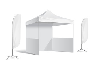 Mobile marquee tent for trade show.  Flag. Vector mock up protection roof form sun and rain illustration