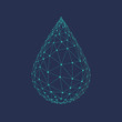 Water drop or oil drop icon made with blockchain technology network polygon isolated on dark blue background. Connection structure of droplet or raindrop. Low poly design.