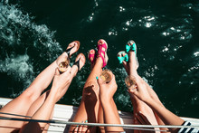 Woman, Girl Leg, Legs In Bright Shoe, Hills On Boat, Sailboat With Glass Of Champagne. Ocean, Fun, California