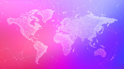 Wall Mural - Polygon world map with blockchain peer to peer network on blurred gradient multicolored background. Network, p2p business, bitcoin trading and global cryptocurrency blockchain business banner concept.