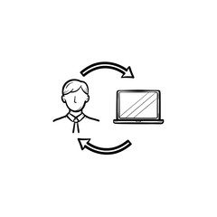 Poster - Man studying online on a computer hand drawn outline doodle icon. Student with laptop computer vector sketch illustration for print, web, mobile and infographics isolated on white background.