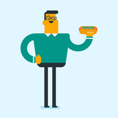 Canvas Print - Joyful caucasian man eating a hamburger. Happy man with closed eyes biting a hamburger. Young smiling man is about to eat a delicious hamburger. Vector cartoon illustration. Square layout.