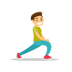 Wall Mural - Young happy caucasian white man doing stretching warm up exercise. Sportsman stretching legs doing forward lunge before workout. Vector cartoon illustration isolated on white background. Square layout