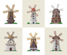 Traditional Ancient Windmill Buildings. Organic Agricultural Farming And Flour Production, Ecological Food Manufacturing, Clean Energy Concept. Medieval European Travel Attraction Vector Illustration