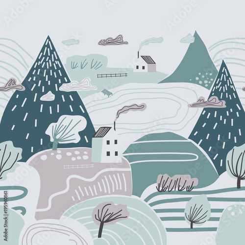 Childish colorful pattern with mountains, hills, valleys and houses. Cloudy w...