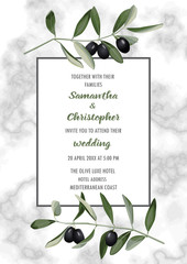 Wall Mural - Classic Marble Wedding Invitation Card with Olive Brunches