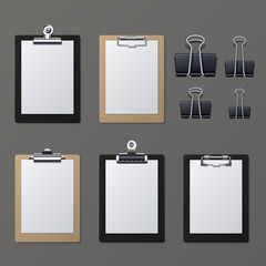 Wall Mural - Realistic clipboards with blank white paper sheet. Notepad information board vector illustration