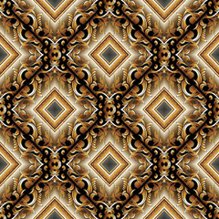 Baroque 3d seamless pattern. Modern vector damask background wallpaper with vintage gold flowers, scroll leaves, rhombus, frames,  meanders and greek key ornaments. Luxury surface design with shadows