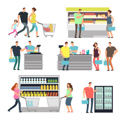 Wall Mural - Shopping shop people in supermarket. Family buyers and store employees in mall vector icons set