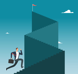 Canvas Print - Professional man running up stairway to mountain peak. Business sucess vector concept