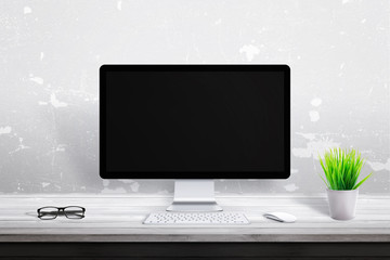 Poster - Display mockup on office desk with white soft light. Green plant, glasses, keyboard and mouse on desk.