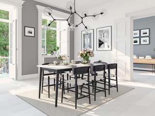 Wall Mural - modern nordic dining room in loft apartment. 3D rendering