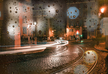 Rainy day in the city at night