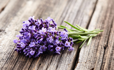 Wall Mural - Lavender flowers on wooden board