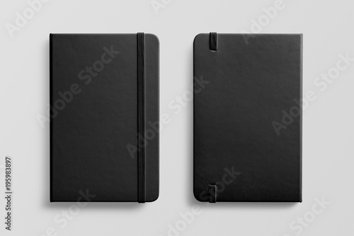 Download Photorealistic Black Leather Notebook Mockup On Light Grey Background Front And Rear View Stock Illustration Adobe Stock
