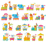 Cartoon set with different animals on trains. Fox, giraffe, monkey, elephant, koala, bunny, tiger, behemoth, parrot. Flat vector elements for postcard, book or print