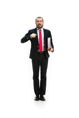 Wall Mural - Choose me. Full body view of businessman on white studio background