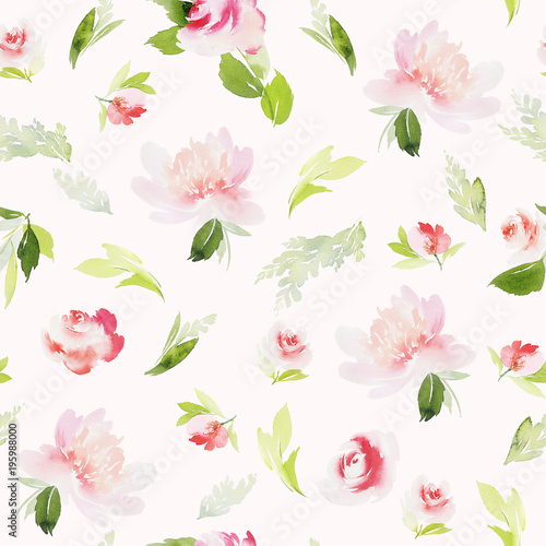 Seamless summer pattern with watercolor flowers handmade.
