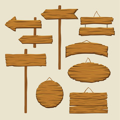 Wall Mural - Set of wooden signboards and direction arrows. Blank advertising billboards made out of wood. Signs with place for messages. Detailed vector elements